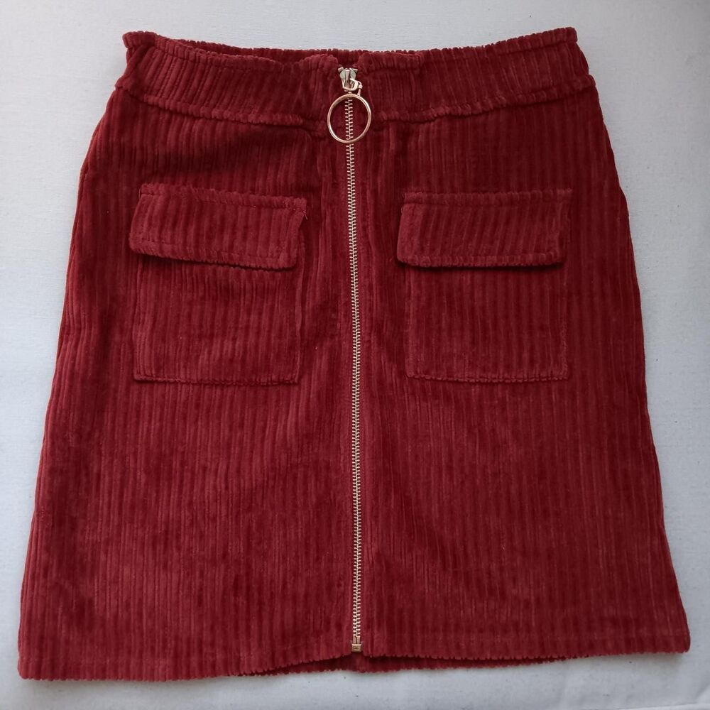 y2k burgundy corduroy mini skirt womens small front zip elastic waist pockets